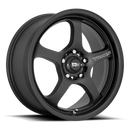 Motegi Racing MR131 Traklite flow formed aluminum 5 spoke automotive wheel in satin black with the word Traklite written on one spoke and a Motegi silver logo center cap.