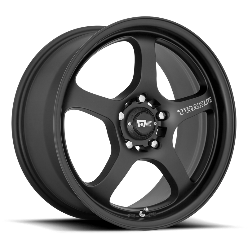 Motegi Racing MR131 Traklite flow formed aluminum 5 spoke automotive wheel in satin black with the word Traklite written on one spoke and a Motegi silver logo center cap.