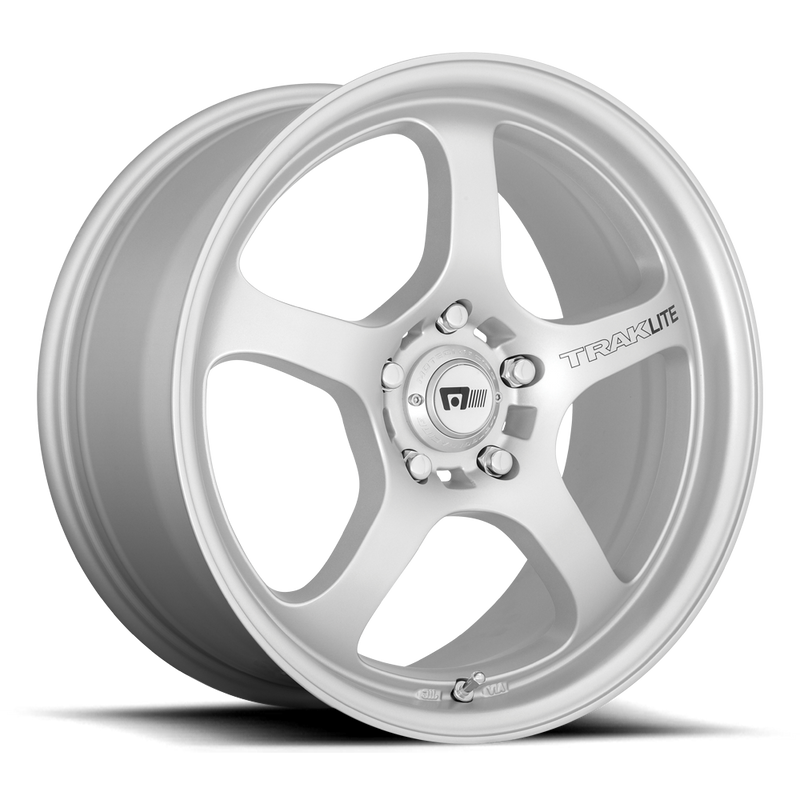 Motegi Racing MR131 Traklite flow formed aluminum 5 spoke automotive wheel in silver with the word Traklite written on one spoke and a Motegi black logo center cap.
