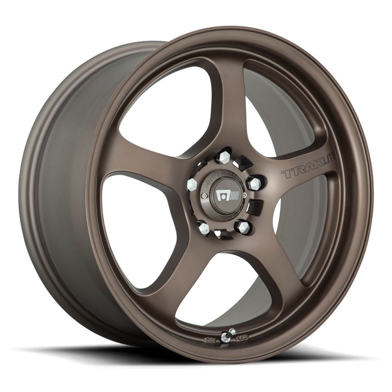 Motegi Racing MR131 Traklite flow formed aluminum 5 spoke automotive wheel in matte bronze with the word Traklite written on one spoke and a Motegi silver logo center cap.