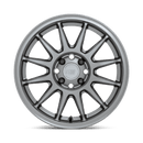 Front face view of a Motegi aRacing S12 cast aluminum 12 spoke automotive wheel in a gloss gunmetal finish with a Motegi logo center cap.