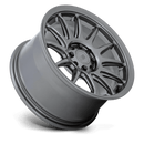Tilted side view of a Motegi aRacing S12 cast aluminum 12 spoke automotive wheel in a gloss gunmetal finish with a Motegi logo center cap.