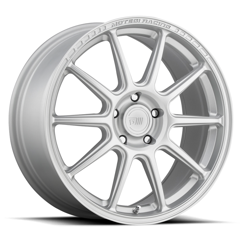 Motegi Racing SS10 cast aluminum 10 spoke automotive wheel in hyper silver with the words Motegi Racing embossed on outer edge and a Motegi logo center cap.