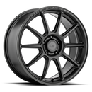 Motegi Racing SS10 flow formed aluminum 10 spoke automotive wheel in satin black with Motegi Racing wording embossed on lip and a Motegi logo center cap.