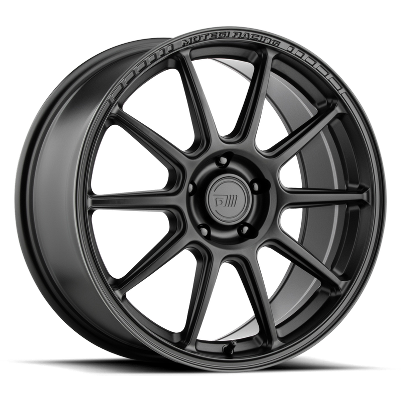 Motegi Racing SS10 flow formed aluminum 10 spoke automotive wheel in satin black with Motegi Racing wording embossed on lip and a Motegi logo center cap.