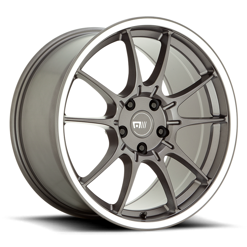 Motegi Racing SS5 cast aluminum 5 double spoke automotive wheel in gun metal gray with machined lip and a Motegi silver logo center cap.