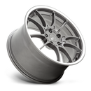 Tilted side view of a Motegi Racing SS5 cast aluminum 5 double spoke automotive wheel in gun metal gray with machined lip and a Motegi silver logo center cap.