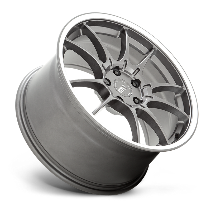 Tilted side view of a Motegi Racing SS5 cast aluminum 5 double spoke automotive wheel in gun metal gray with machined lip and a Motegi silver logo center cap.