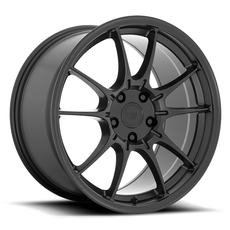 Motegi Racing SS5 cast aluminum 5 double spoke automotive wheel in satin black with a Motegi logo center cap.