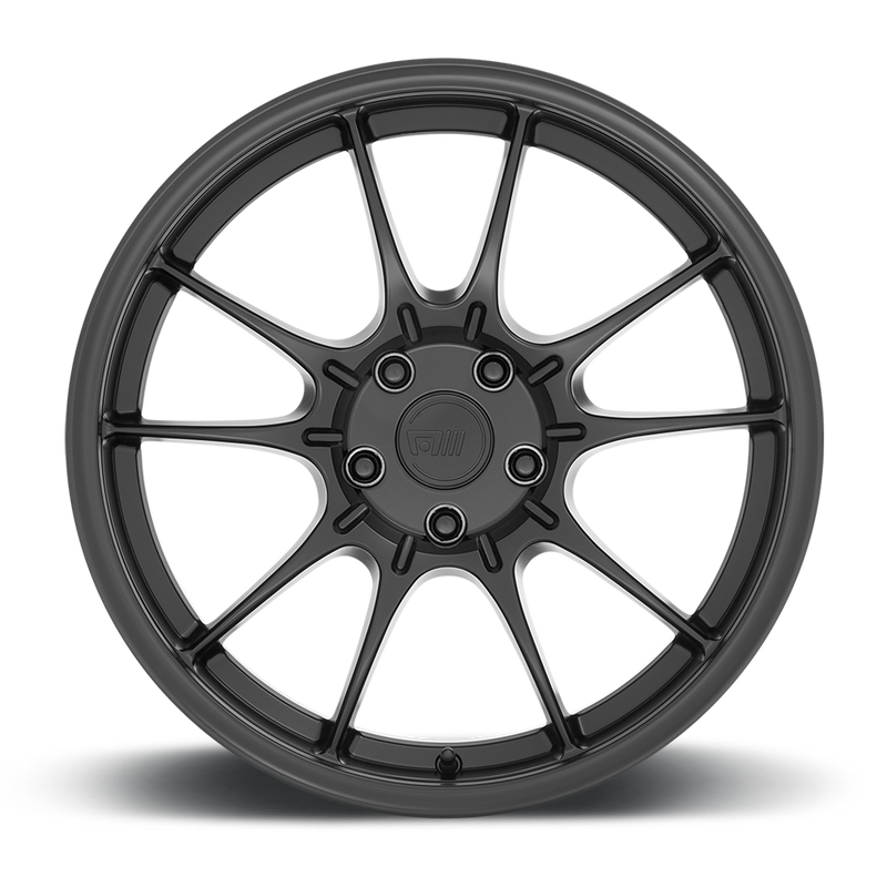 Front face view of a Motegi Racing SS5 cast aluminum 5 double spoke automotive wheel in satin black with a Motegi logo center cap.