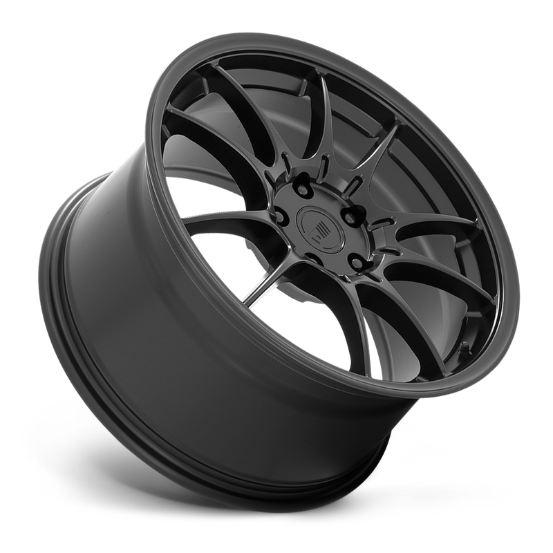 Tilted side view of a Motegi Racing SS5 cast aluminum 5 double spoke automotive wheel in satin black with a Motegi logo center cap.