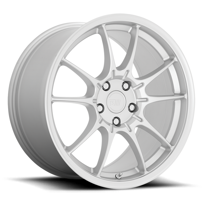 Motegi Racing SS5 cast aluminum 5 double spoke automotive wheel in silver with a Motegi silver logo center cap.