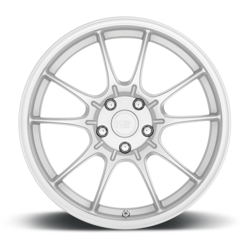 Front face view of a Motegi Racing SS5 cast aluminum 5 double spoke automotive wheel in silver with a Motegi silver logo center cap.