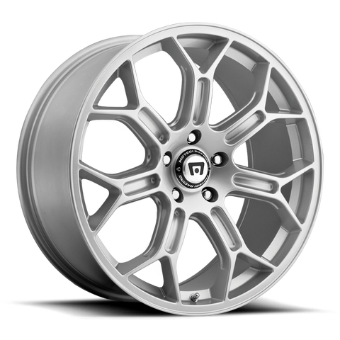 Motegi Racing Techno Mesh S cast aluminum 7 spoke automotive wheel in silver with a Motegi black logo center cap.