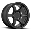 Motegi Racing Trailite cast aluminum 6 spoke automotive wheel in satin black with the word Trailite written on one spoke and a Motegi logo center cap.