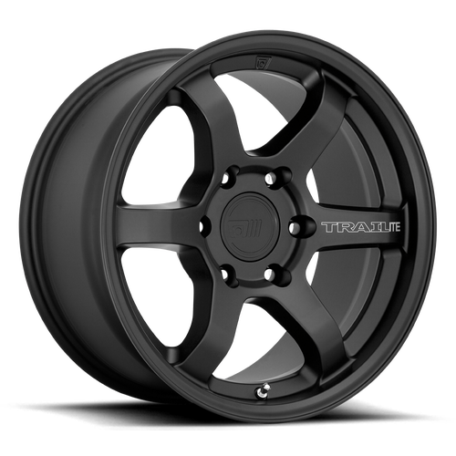 Motegi Racing Trailite cast aluminum 6 spoke automotive wheel in satin black with the word Trailite written on one spoke and a Motegi logo center cap.