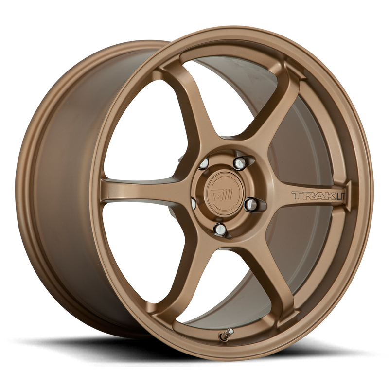 Motegi Racing Traklite 3.0 flow formed aluminum 6 spoke automotive wheel in matte bronze with the word Traklite written on one spoke and a Motegi logo center cap.