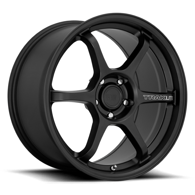 Motegi Racing Traklite 3.0 flow formed aluminum 6 spoke automotive wheel in satin black with the word Traklite written on one spoke and a Motegi logo center cap.