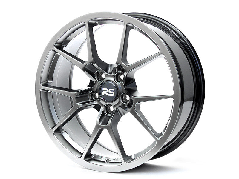 Neuspeed split five spoke automotive alloy wheel in a gloss hyper black finish with a RS logo center cap.