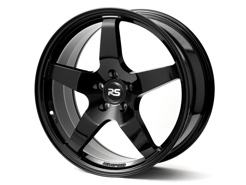 Neuspeed 5 spoke automotive alloy wheel in a gloss black finish with an RS logo center cap.