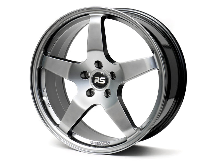 Neuspeed 5 spoke automotive alloy whee in a gloss hyper black finish with an RS logo center cap.