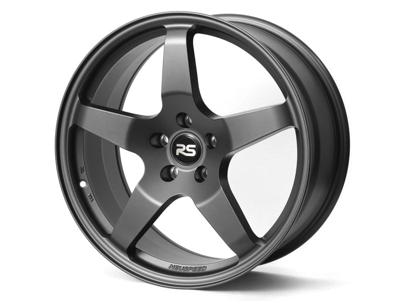 Neuspeed 5 spoke automotive alloy wheel in a satin gun metallic finish with an RS logo center cap.