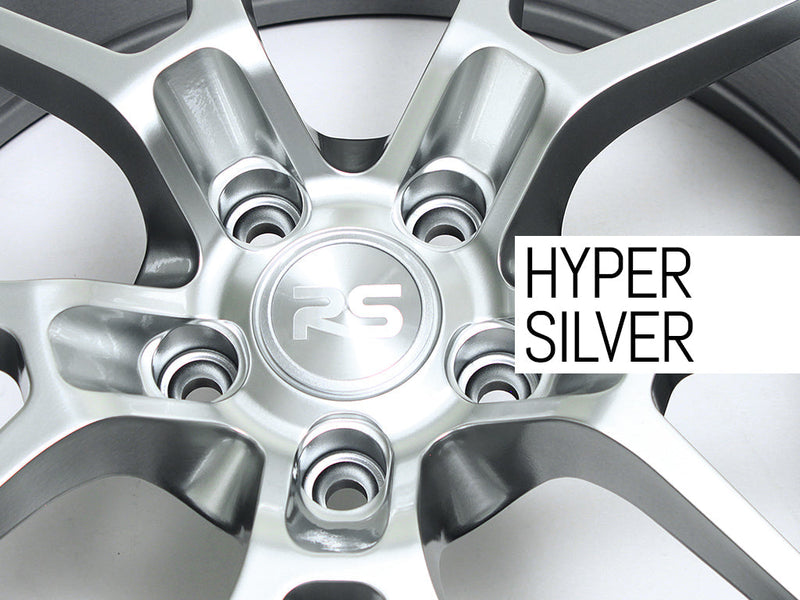 Close up of center cap and lug holes on a automotive alloy wheel in a hyper silver finish