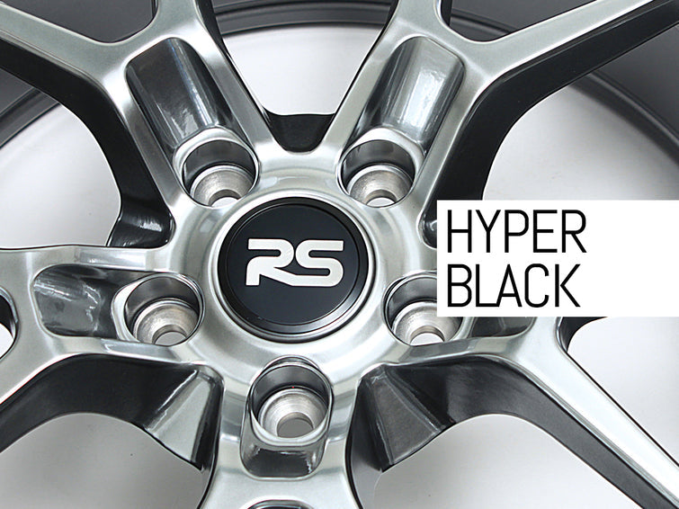 Close up of RS logo center cap and lug holes on a Neuspeed alloy wheel in a hyper black finish.