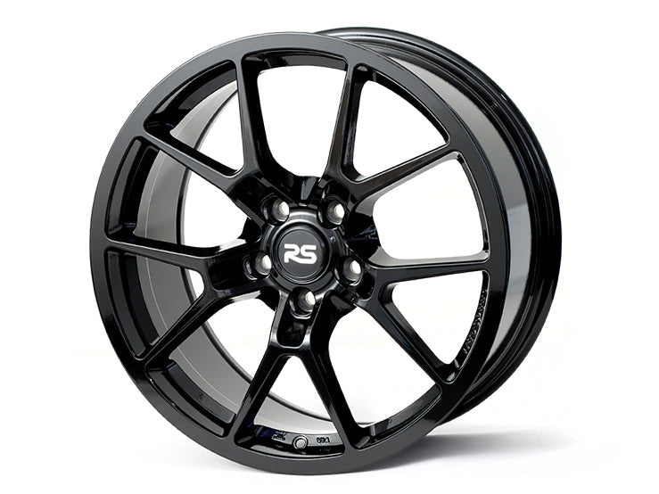 Neuspeed split five spoke automotive alloy wheel in a gloss black finish with a RS logo center cap.