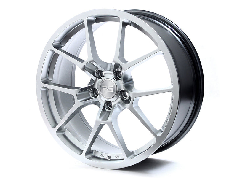 Neuspeed split 5 spoke automotive alloy wheel in a gloss hyper silver finish with a RS logo center cap.