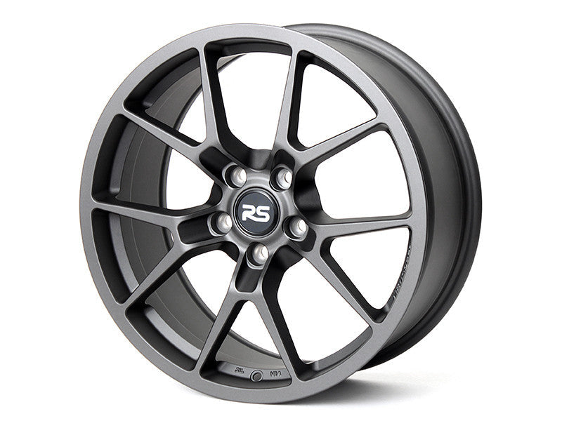 Neuspeed split five spoke automotive alloy wheel in a satin gun metallic finish with a RS logo center cap.