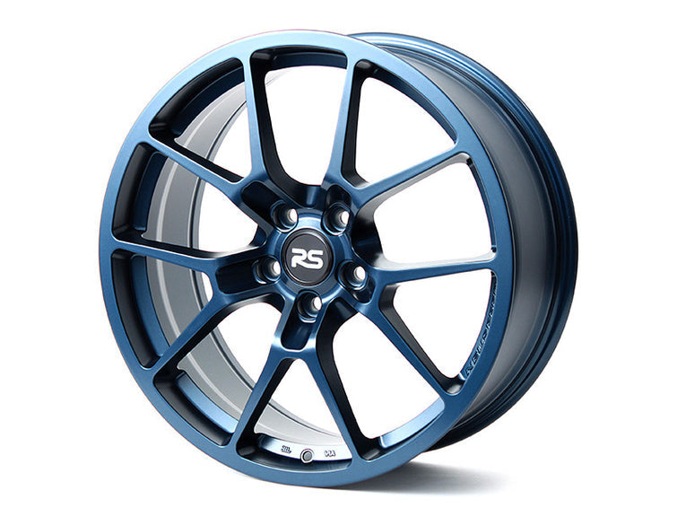 Neuspeed split 5 spoke automotive alloy wheel in a satin midnight blue finish with an RS logo center cap.
