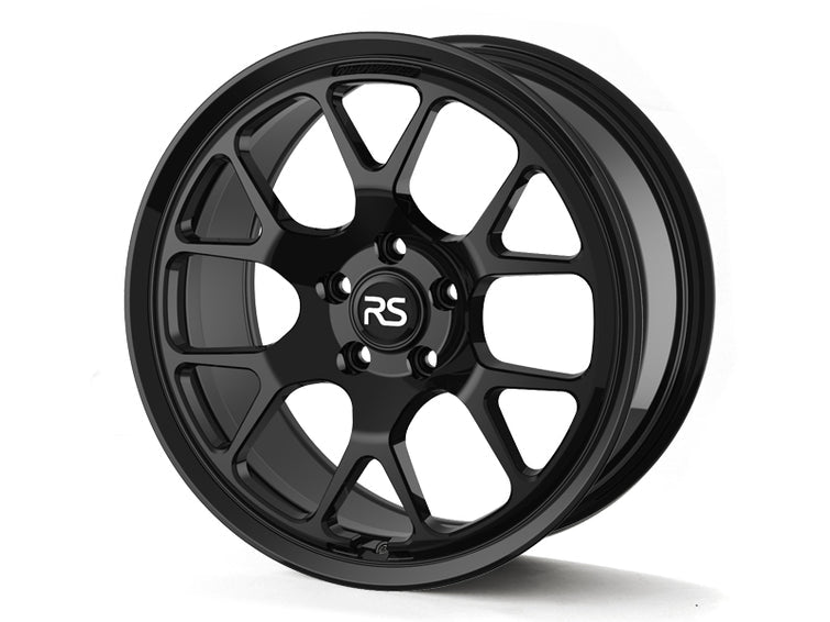 Neuspeed split Y spoke automotive alloy wheel in a gloss black finish with a RS center cap.