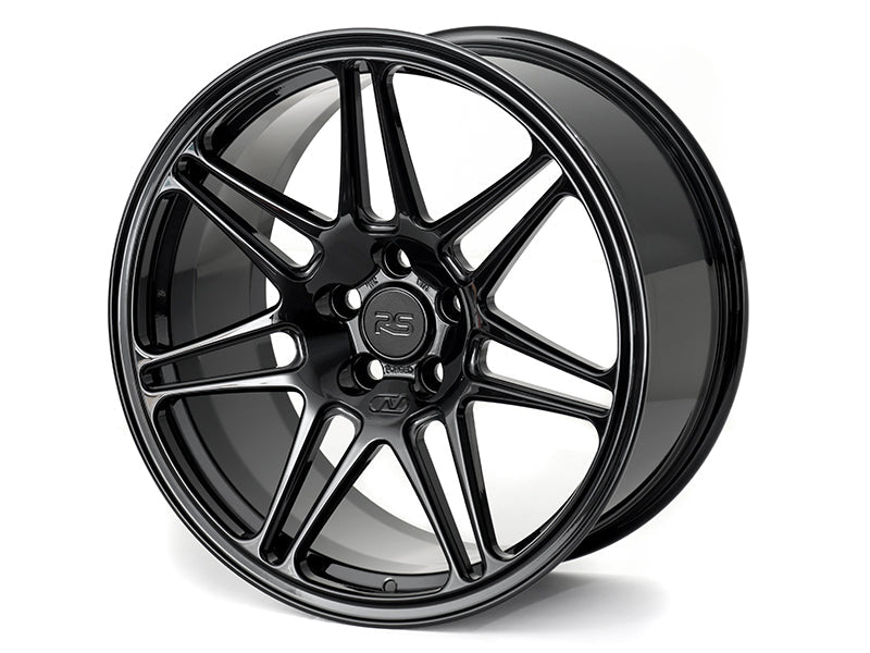 Neuspeed 7 double spoke design forged alloy wheel in a gloss black finish with an RS logo center cap.