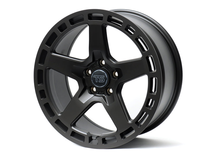 Neuspeed 5 spoke alloy truck wheel in a satin black finish with center cutouts and a TS logo center cap. 