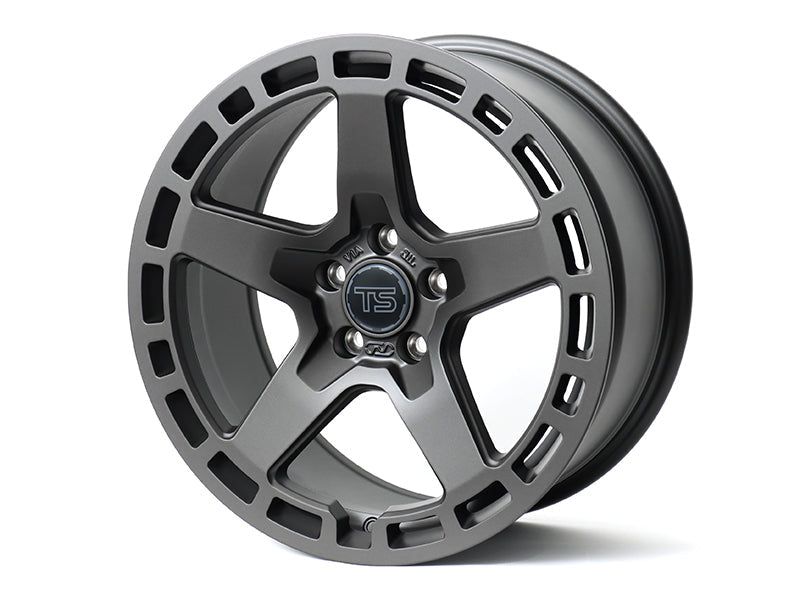 Neuspeed 5 spoke alloy truck wheel in a satin gun metallic finish with center cutouts and TS logo center cap.