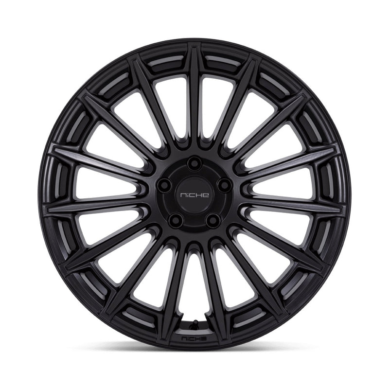 Front face view of a Niche Amalfi monoblock cast aluminum 15 spoke automotive wheel in a matte black finish with an embossed Niche logo on the outer lip and a Niche logo center cap.