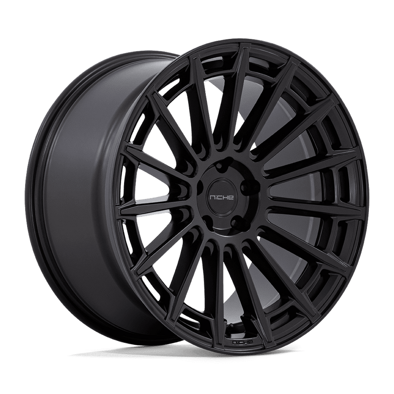 Niche Amalfi monoblock cast aluminum 15 spoke automotive wheel in a matte black finish with an embossed Niche logo on the outer lip and a Niche logo center cap.