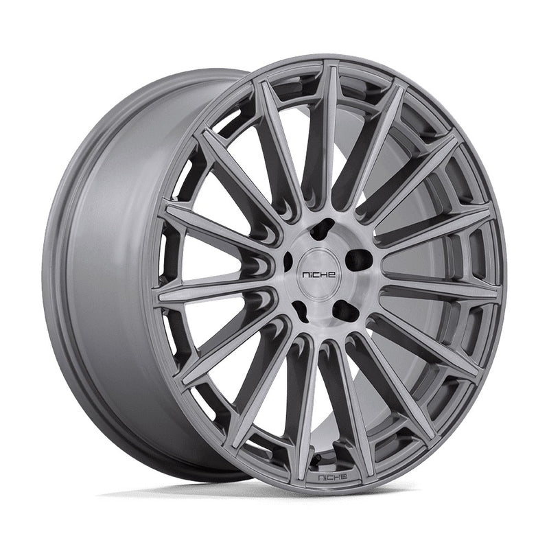 Niche Amalfi monoblock cast aluminum 15 spoke automotive wheel in a platinum finish with an embossed Niche logo on the outer lip and a Niche logo center cap.