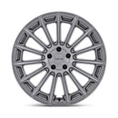 Front face view of a Niche Amalfi monoblock cast aluminum 15 spoke automotive wheel in a platinum finish with an embossed Niche logo on the outer lip and a Niche logo center cap.