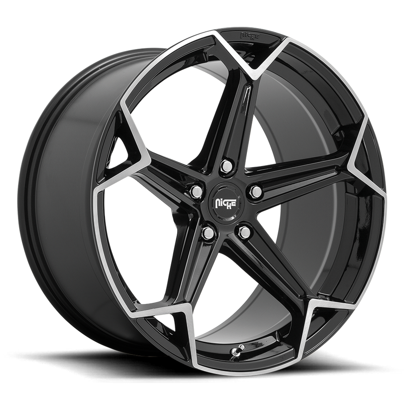 Niche Arrow monoblock cast aluminum 5 spoke automotive wheel in a brushed gloss black finish with an embossed Niche Logo on outer lip and Niche logo center cap