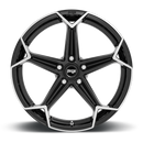 Front face view of a Niche Arrow monoblock cast aluminum 5 spoke automotive wheel in a brushed gloss black finish with an embossed Niche Logo on outer lip and Niche logo center cap