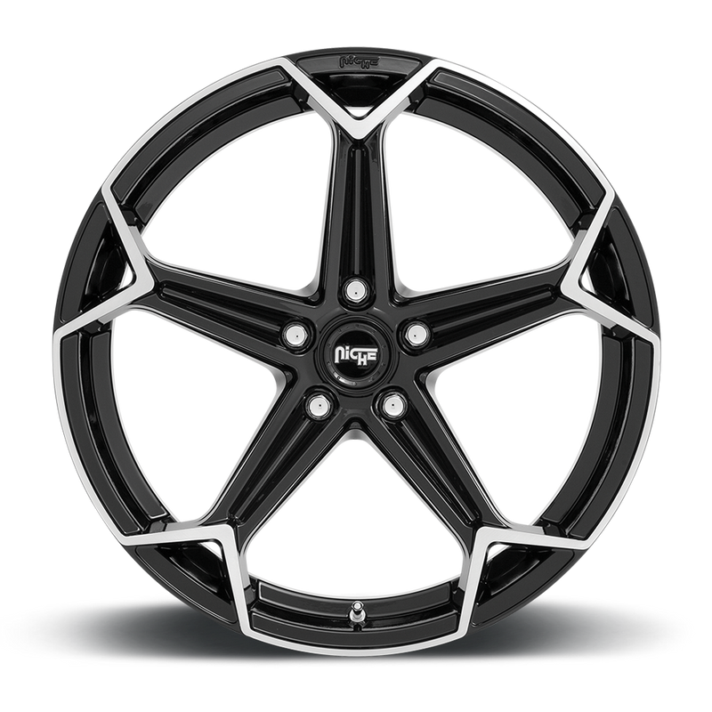 Front face view of a Niche Arrow monoblock cast aluminum 5 spoke automotive wheel in a brushed gloss black finish with an embossed Niche Logo on outer lip and Niche logo center cap