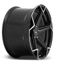Side view of a Niche Arrow monoblock cast aluminum 5 spoke automotive wheel in a brushed gloss black finish with an embossed Niche Logo on outer lip and Niche logo center cap