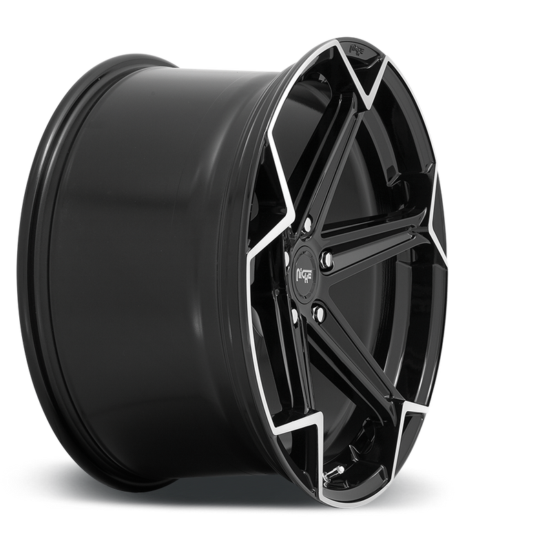 Side view of a Niche Arrow monoblock cast aluminum 5 spoke automotive wheel in a brushed gloss black finish with an embossed Niche Logo on outer lip and Niche logo center cap