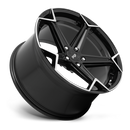 Tilted side view of a Niche Arrow monoblock cast aluminum 5 spoke automotive wheel in a brushed gloss black finish with an embossed Niche Logo on outer lip and Niche logo center cap