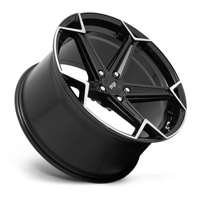 Tilted side view of a Niche Arrow monoblock cast aluminum 5 spoke automotive wheel in a brushed gloss black finish with an embossed Niche Logo on outer lip and Niche logo center cap