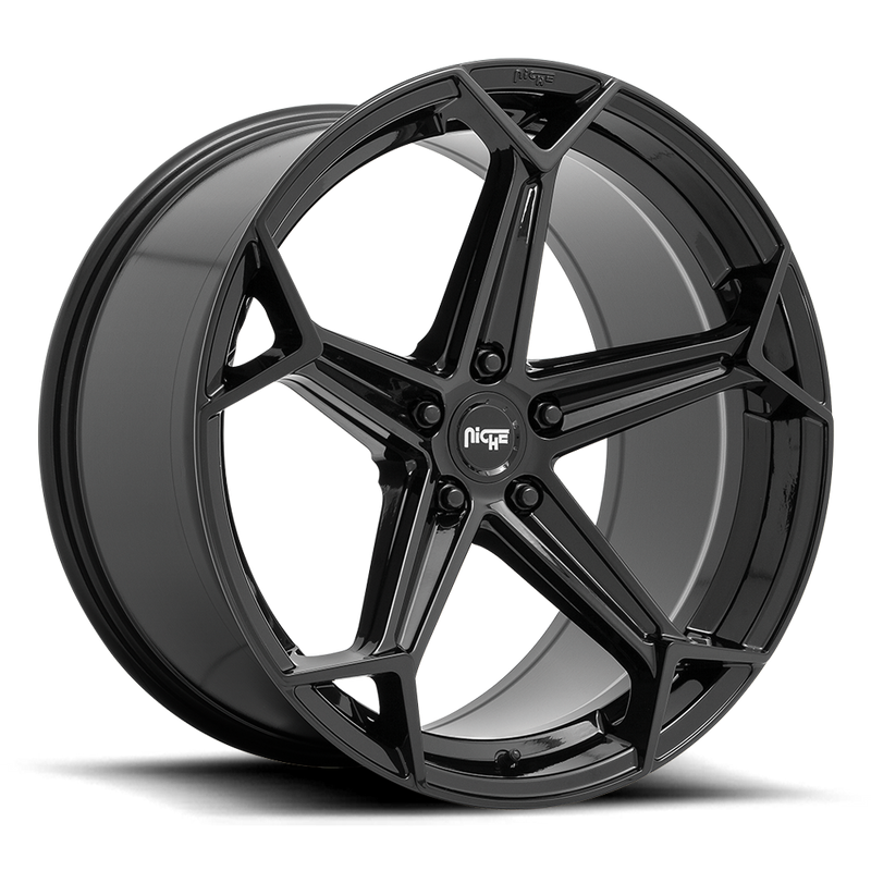 Niche Arrow monoblock cast aluminum 5 spoke automotive wheel in a gloss black finish with an embossed Niche Logo on outer lip and Niche logo center cap