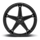 Front face view of a Niche Arrow monoblock cast aluminum 5 spoke automotive wheel in a gloss black finish with an embossed Niche Logo on outer lip and Niche logo center cap