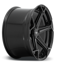 Side view of a Niche Arrow monoblock cast aluminum 5 spoke automotive wheel in a gloss black finish with an embossed Niche Logo on outer lip and Niche logo center cap